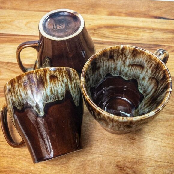 Vtg Brown Drip Glaze Coffee Cups Set of 3 - Picture 4 of 8